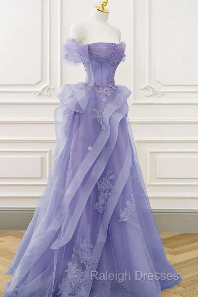 Purple Sweetheart Off Shoulder Tulle Long Party Dress, Purple Tulle Prom Dress