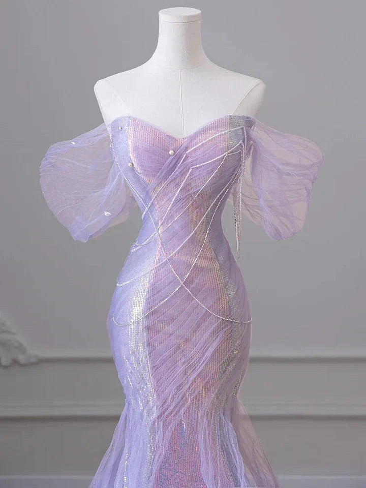 Purple’Ã?Sweetheart Sequin Mermaid Gowns-Fairytale Beaded Tulle Train Prom Dresses Long For Events