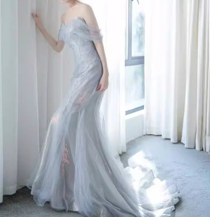 Purple’Ã?Sweetheart Sequin Mermaid Gowns-Fairytale Beaded Tulle Train Prom Dresses Long For Events