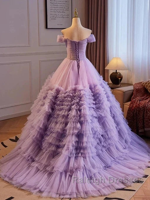 Purple Sweetheart Tulle Layers Sweet 16 Dress Long Prom Dress A Line Off Shoulder Solid Color Secondary image