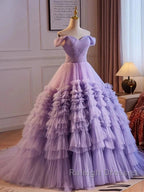 Purple Sweetheart Tulle Layers Sweet 16 Dress Long Prom Dress A Line Off Shoulder Solid Color