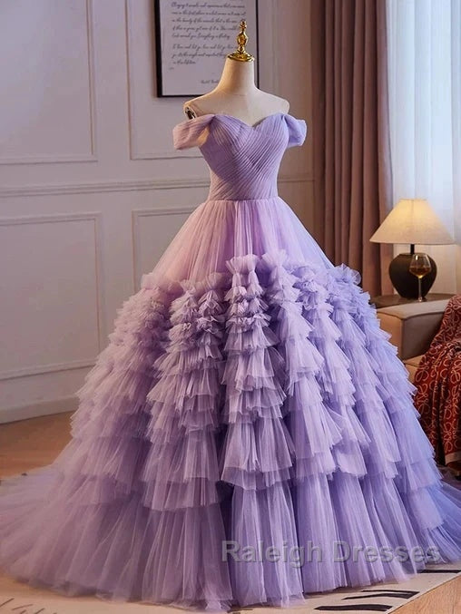 Purple Sweetheart Tulle Layers Sweet 16 Dress Long Prom Dress A Line Off Shoulder Solid Color