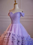 Purple Sweetheart Tulle Layers Sweet 16 Dress Long Prom Dress A Line Off Shoulder Solid Color