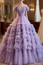 Purple Sweetheart Tulle Layers Sweet 16 Dress Long Prom Dress A Line Off Shoulder Solid Color