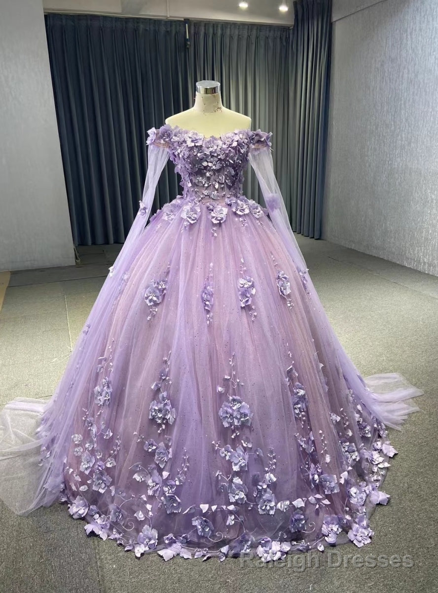 Purple Tulle 3D Flower Off the Shoulder Prom Dress Main image