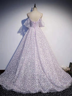 Purple Tulle A Line Long Prom Dress Formal Dress With Flowers December Wedding Guest Dress