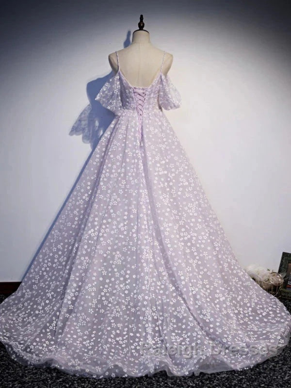 Purple Tulle A Line Long Prom Dress Formal Dress With Flowers December Wedding Guest Dress