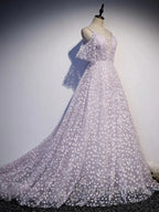 Purple Tulle A Line Long Prom Dress Formal Dress With Flowers December Wedding Guest Dress