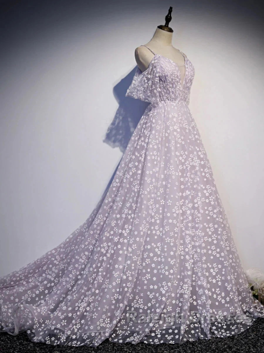 Purple Tulle A Line Long Prom Dress Formal Dress With Flowers December Wedding Guest Dress