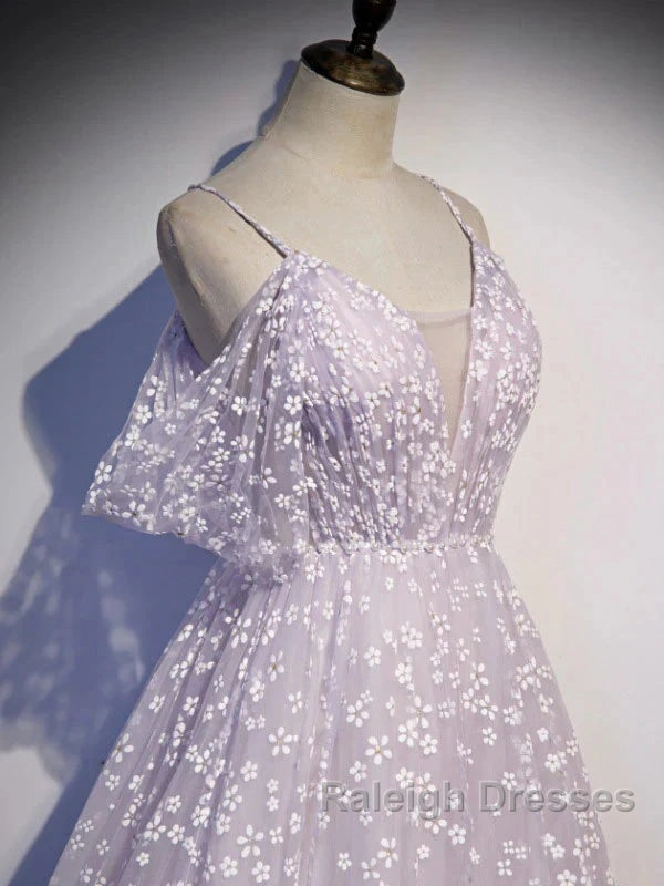 Purple Tulle A Line Long Prom Dress Formal Dress With Flowers December Wedding Guest Dress