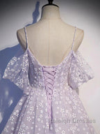 Purple Tulle A Line Long Prom Dress Formal Dress With Flowers December Wedding Guest Dress