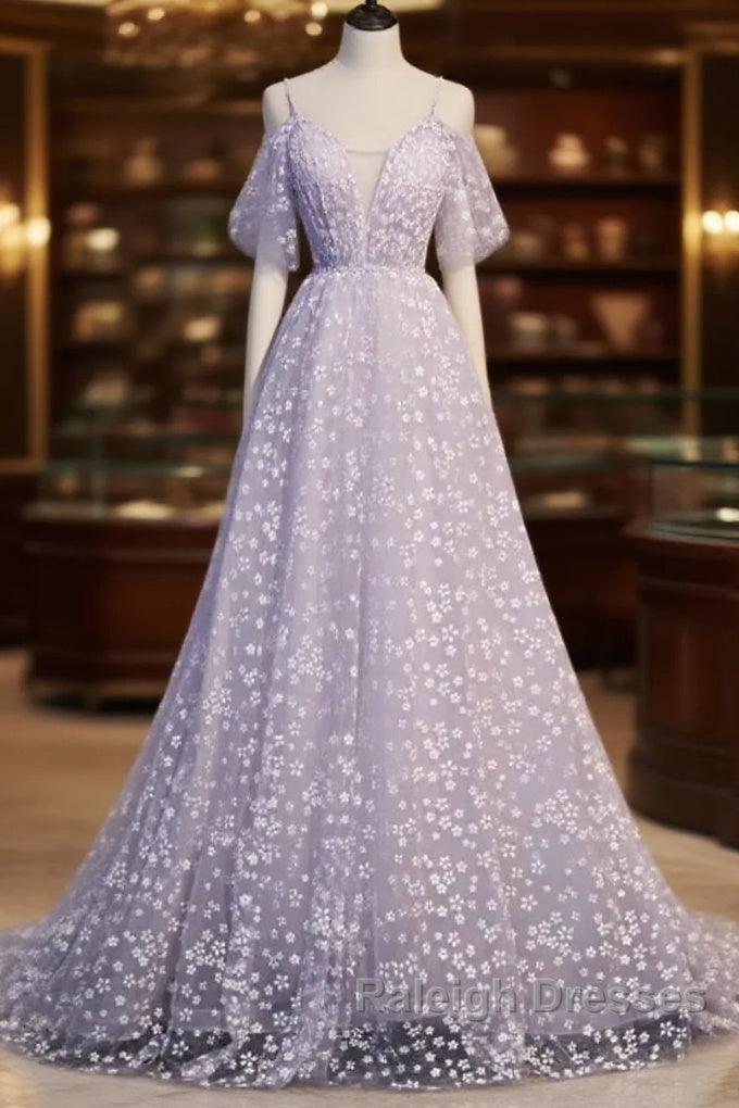 Purple Tulle A Line Long Prom Dress Formal Dress With Flowers December Wedding Guest Dress Main image