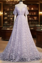 Purple Tulle A Line Long Prom Dress Formal Dress With Flowers December Wedding Guest Dress