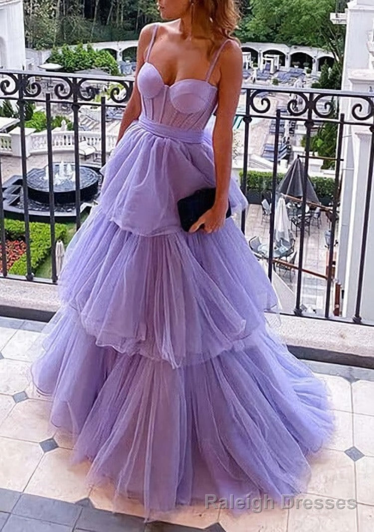 Purple Tulle A-line Spaghetti Straps Prom Dresses, Long Formal Dress,dresses for party events Main image