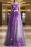 Purple Tulle A-Line Straps Long Formal Dress, Purple Floor Length Prom Dress