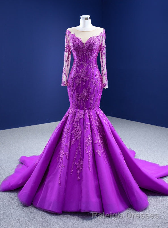 Purple Tulle Appliques Long Sleeve Prom Dress