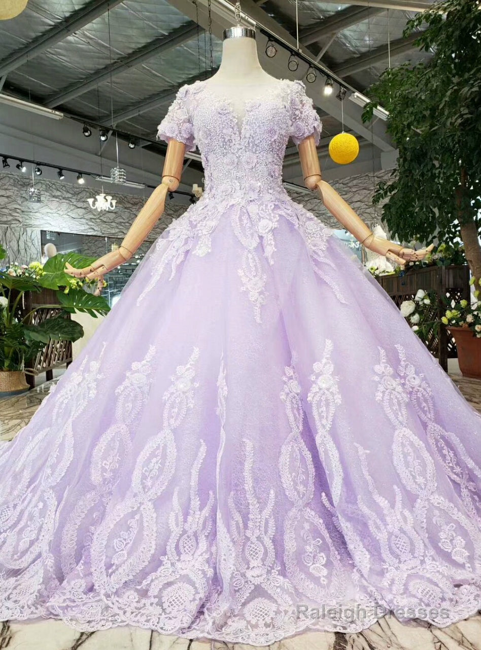 Purple Tulle Appliques Short Sleeve Prom Wedding Dress With Beading