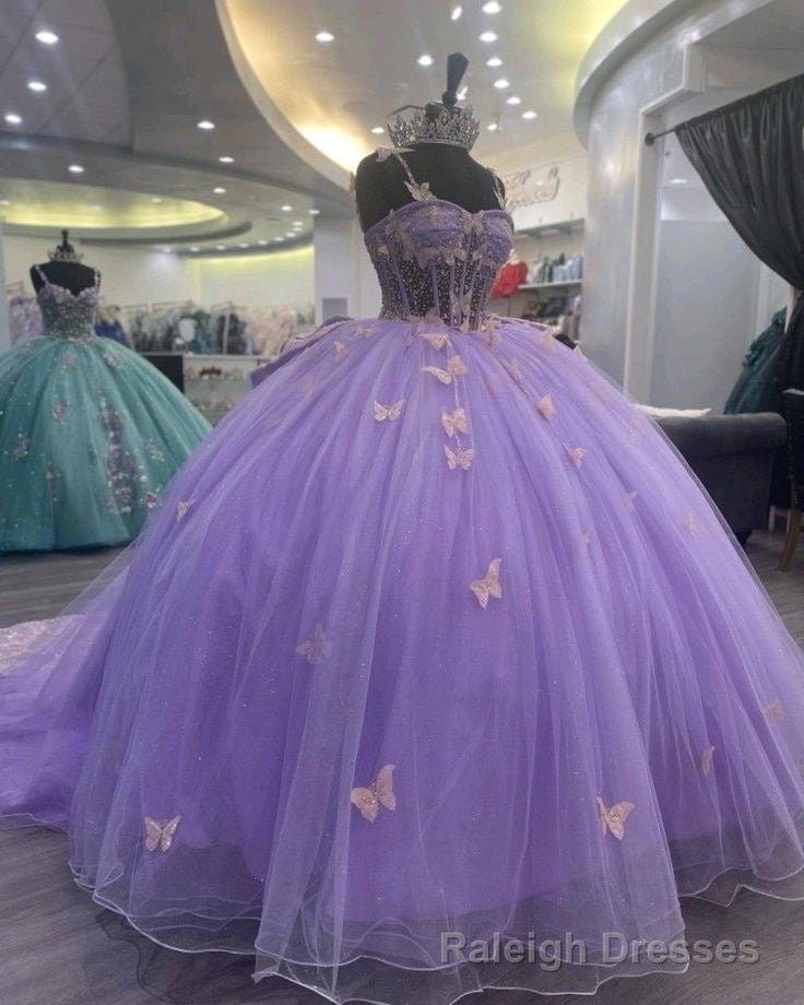 Purple Tulle Ball Gowns With Butterflies,Sweet 16 Dress,Purple Princess Dress