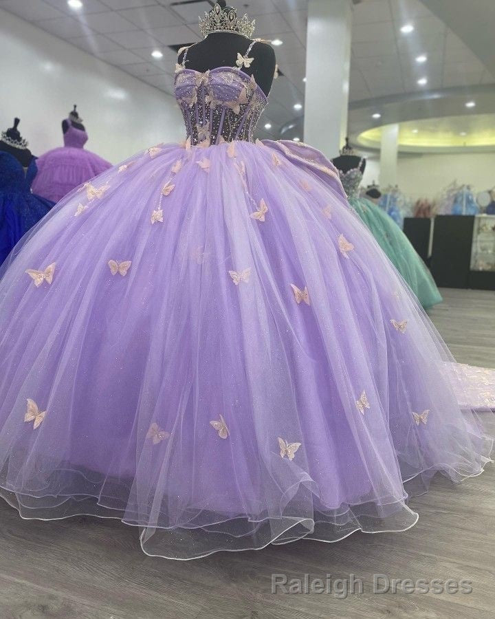Purple Tulle Ball Gowns With Butterflies,Sweet 16 Dress,Purple Princess Dress