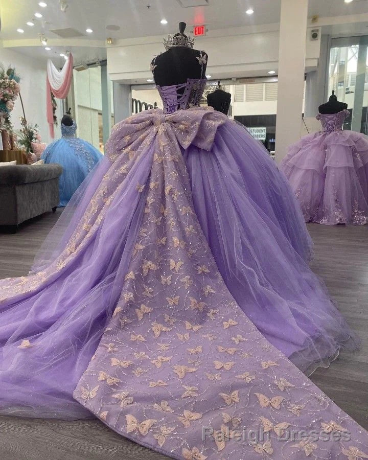 Purple Tulle Ball Gowns With Butterflies,Sweet 16 Dress,Purple Princess Dress
