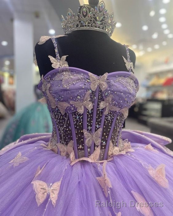 Purple Tulle Ball Gowns With Butterflies,Sweet 16 Dress,Purple Princess Dress