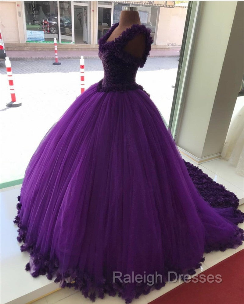 Purple Tulle Ball Gown Flower Wedding Dresses Crystal Beaded Bodice Secondary image