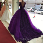 Purple Tulle Ball Gown Flower Wedding Dresses Crystal Beaded Bodice