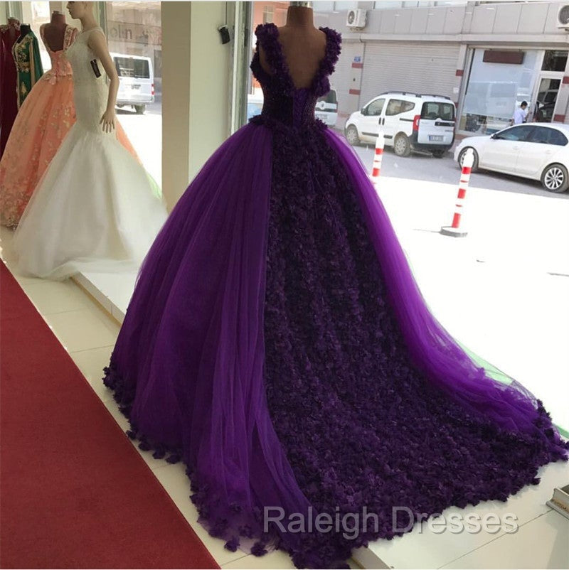 Purple Tulle Ball Gown Flower Wedding Dresses Crystal Beaded Bodice
