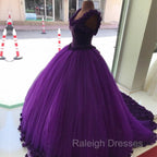 Purple Tulle Ball Gown Flower Wedding Dresses Crystal Beaded Bodice