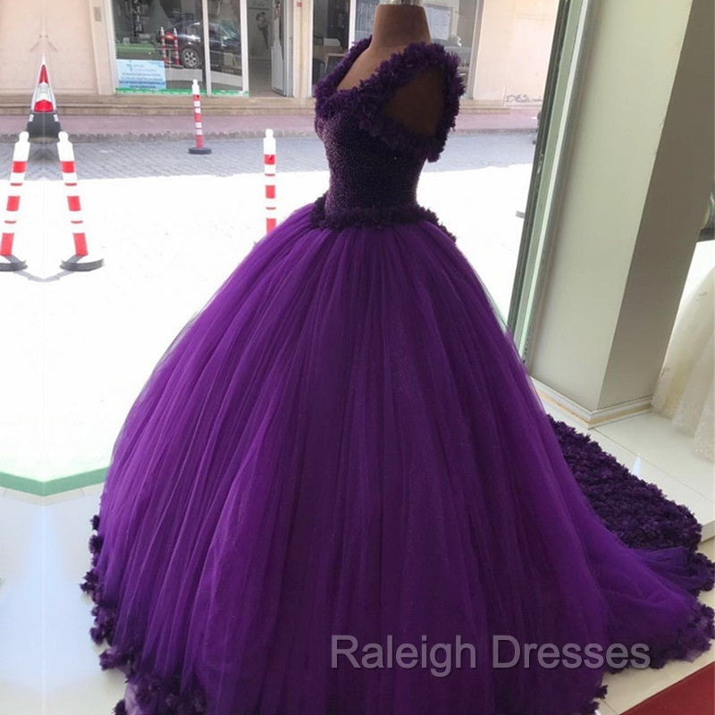 Purple Tulle Ball Gown Flower Wedding Dresses Crystal Beaded Bodice