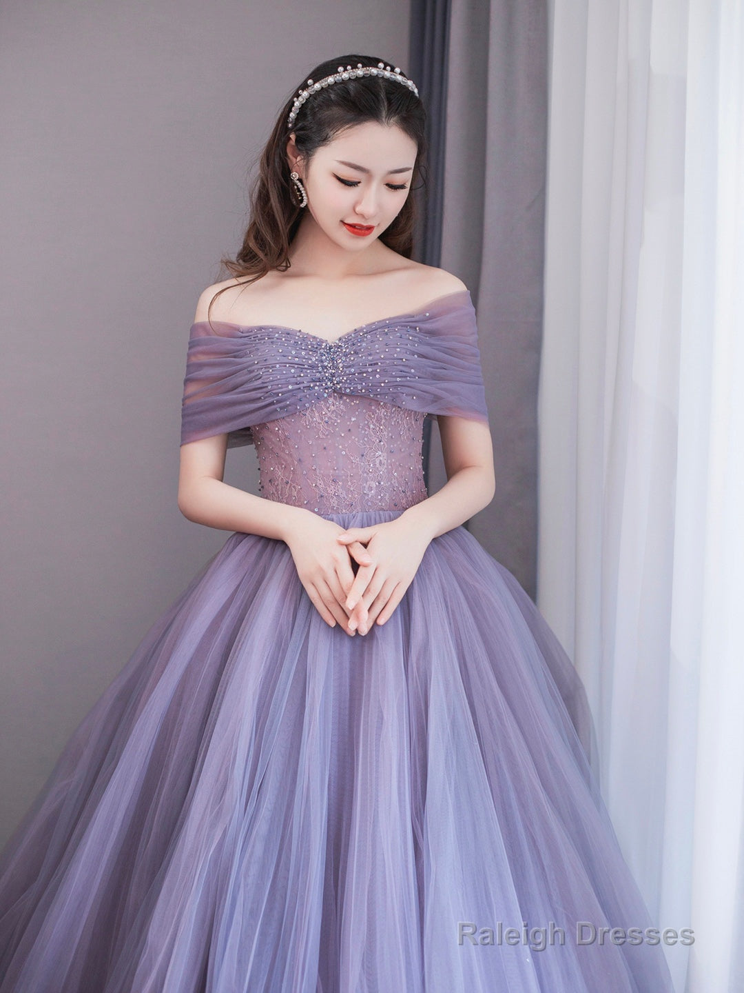 Purple Tulle Beaded Floor Length Prom Dress, Off Shoulder A-Line Evening Dress Secondary image