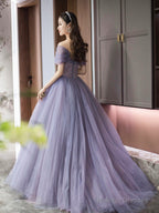 Purple Tulle Beaded Floor Length Prom Dress, Off Shoulder A-Line Evening Dress