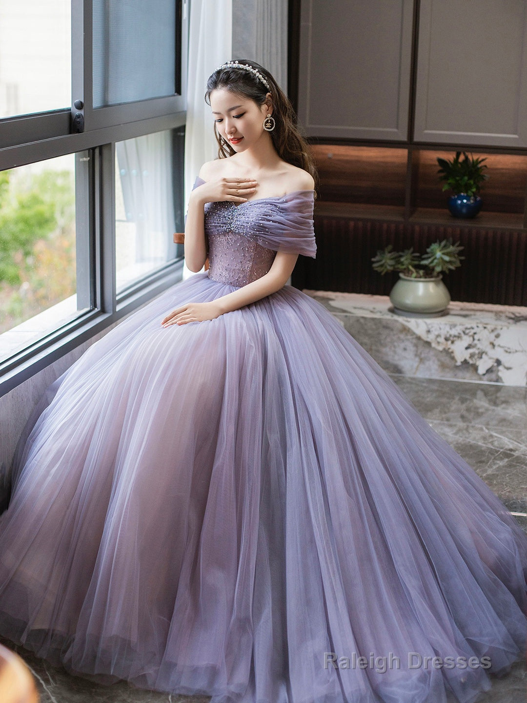 Purple Tulle Beaded Floor Length Prom Dress, Off Shoulder A-Line Evening Dress