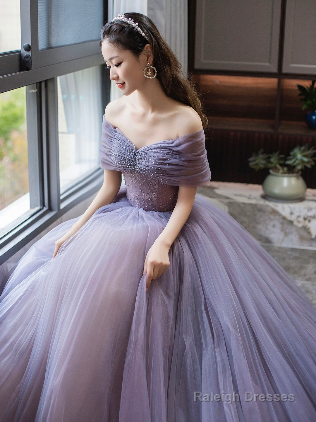 Purple Tulle Beaded Floor Length Prom Dress, Off Shoulder A-Line Evening Dress