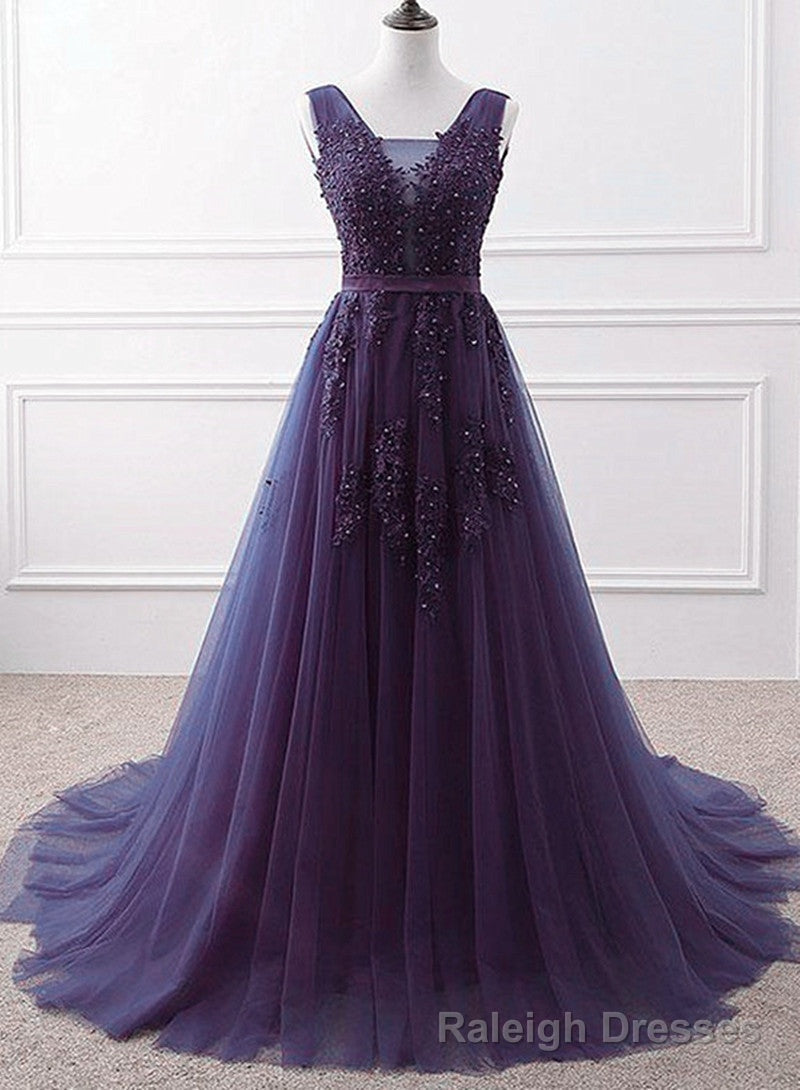 Purple Tulle Beaded Long Formal Party Dress, Dark Purple Evening Dress Main image