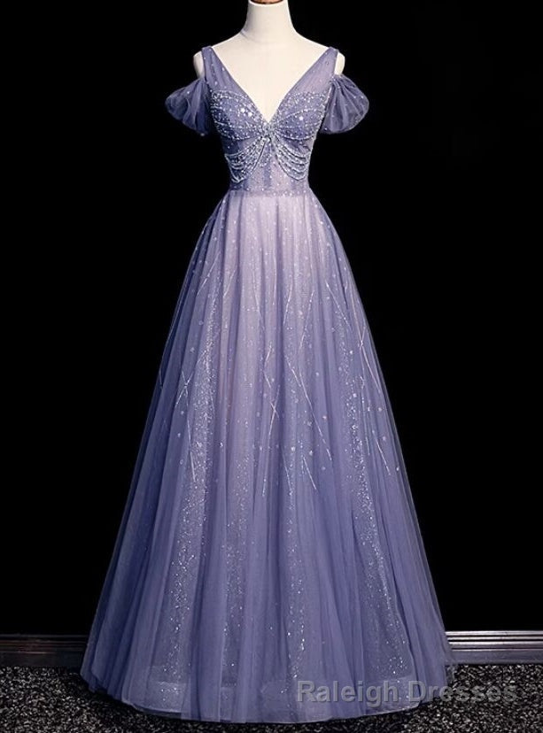 Purple Tulle Deep V-neck Beading Prom Dress