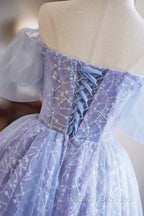 Purple Tulle Knee Length Prom Dress, Lovely Off The Shoulder Party Dress
