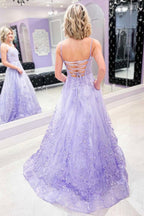 Purple Tulle Lace Long Prom Dress A-Line Purple Graduation Prom Dress