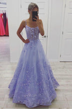Purple Tulle Lace Long Prom Dress A-Line Purple Graduation Prom Dress