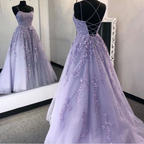 Purple Tulle Lace Prom Dresses Long Prom Dresses