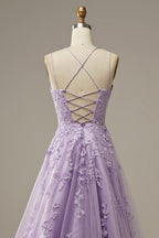 Purple Tulle Lace Prom Dresses Long Prom Dresses