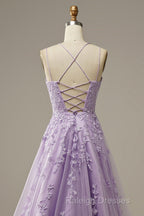 Purple Tulle Lace Prom Dresses Long Prom Dresses