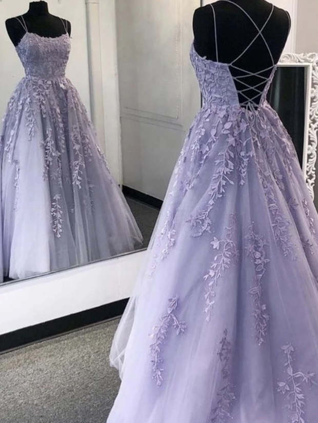 Purple Tulle Lace Prom Dresses Long Prom Dresses