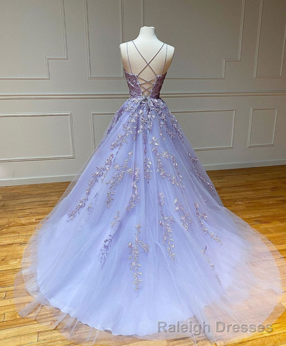 Purple Tulle Lace Long Prom Gown, Lace Tulle Purple Graduation Dresses Secondary image