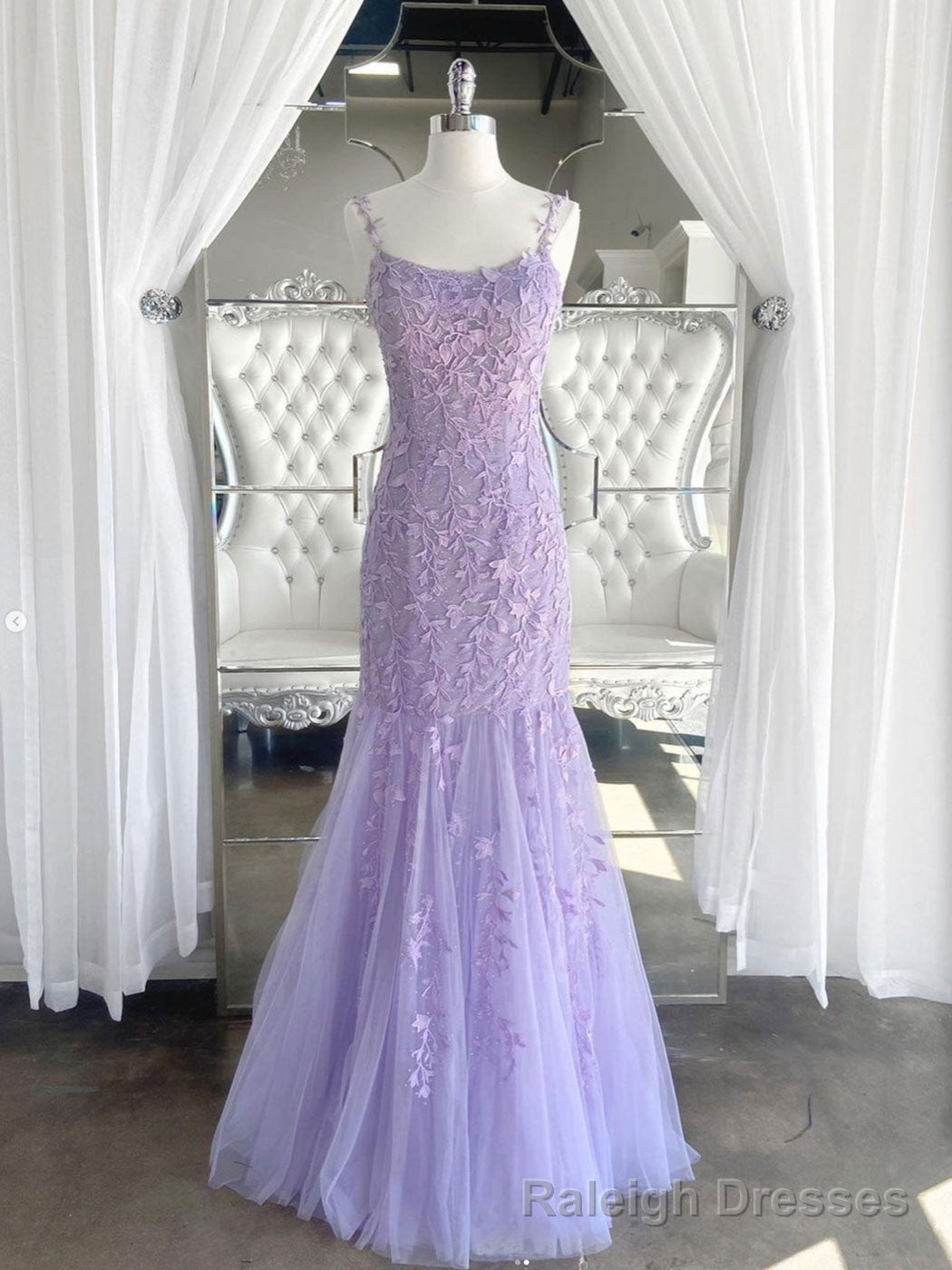 Purple tulle lace mermaid long prom dress, purple lace evening dress Main image
