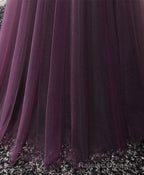 Purple Tulle Lace Off Shoulder Long Prom Dress, Purple Prom Dress