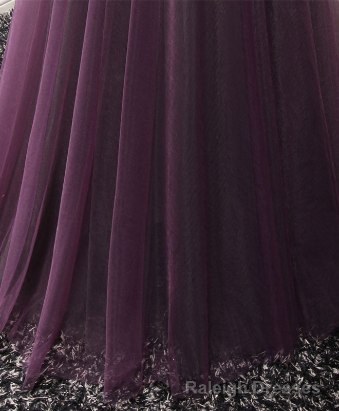 Purple Tulle Lace Off Shoulder Long Prom Dress, Purple Evening Dress