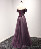Purple Tulle Lace Off Shoulder Long Prom Dress, Purple Evening Dress