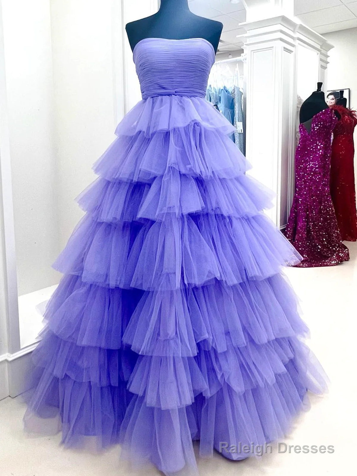 Purple Tulle Layered Long Prom Dresses, Purple Long Tulle Formal Evening Dresses Main image