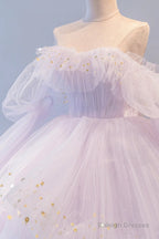 Purple Tulle Layers Long A-Line Prom Dress, Cute Long Sleeve Evening Gown